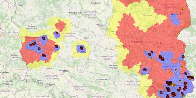Mapa ognisk i przypadków ASF w Polsce / bip.wetgiw.gov.pl/asf/mapa/ screen