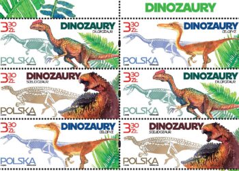 Znaczki wyemitowane przez Pocztę Polską przedstawiają dilofozaura, scelidozaura i celofyza / Poczta Polska