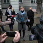 28.11.2020. Kielce. Konferencja radnych PO. Na zdjęciu od lewej: Katarzyna Czech-Kruczek, Agata Wojda, Anna Myślińska, Katarzyna Zapała / Wiktor Taszłow / Radio Kielce