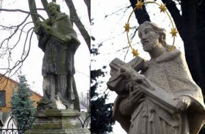 Końskie. Figura Jana Nepomucena przed renowacją (z lewej) i po renowacji (z prawej) / Magdalena Galas-Klusek / Radio Kielce