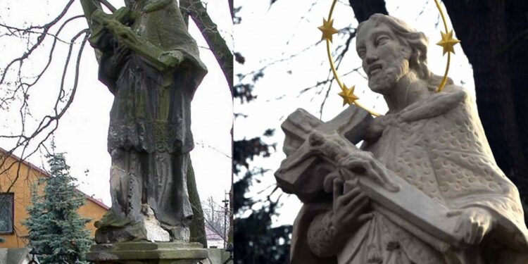 Końskie. Figura Jana Nepomucena przed renowacją (z lewej) i po renowacji (z prawej) / Magdalena Galas-Klusek / Radio Kielce