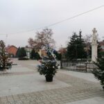 03.12.2020. Skalbmierz. Ubieranie choinek na skalbmierskim Rynku / Marta Gajda / Radio Kielce