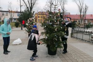 03.12.2020. Skalbmierz. Ubieranie choinek na skalbmierskim Rynku / Marta Gajda / Radio Kielce