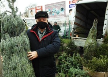 20.12.2020. Ostrowiec Św. Sprzedaż choinek na targowisku miejskim. Na zdjęciu: Wiesław Kaczmarczyk - mieszkaniec Ostrowca Św. / Emilia Sitarska / Radio Kielce