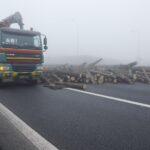 04.01.2020. Zalezianka. Samochód ciężarowy przewrócił się na jezdnię / Jarosław Kubalski / Radio Kielce