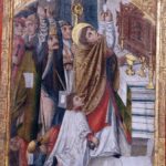 10.02.2016. Tarczek. Romański kościół świętego Idziego Opata. Tryptyk ze scenami pasyjnymi - Święty Stanisław, a za nim król Bolesław Śmiały z mieczem / Jarosław Kubalski / Radio Kielce