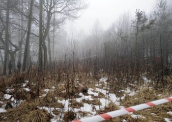 23.02.2021. Pszczyna. Miejsce wypadku prywatnego śmigłowca w pobliżu rzeki Dokawy w okolicach Pszczyny. W wypadku zginęły dwie z czterech osób lecących śmigłowcem, dwie pozostałe trafiły do szpitala / Andrzej Grygiel / PAP
