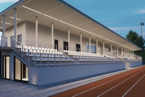 07.02.2021. Busko-Zdrój. Wizualizacja nowoczesnego i profesjonalnego budynku zaplecza sportowego na stadionie / UMiG Busko-Zdrój