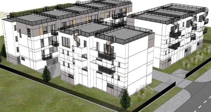 Pińczów. Wizualizacja budynków mieszkalnych jednorodzinnych w zabudowie szeregowej, które mają zostać wybudowane na działce przy Grunwaldzkiej i Spacerowej / Tera Group