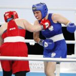 18.04.2021 Kielce. Młodzieżowe Mistrzostwa Świata Kobiet i Mężczyzn w Boksie. Walka:Oliwia Toborek ( Polska, strój niebieski) - Tatiana Bogdanowa ( Rosja ) / Jarosław Kubalski / Radio Kielce