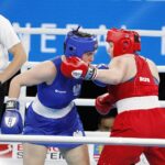 18.04.2021 Kielce. Młodzieżowe Mistrzostwa Świata Kobiet i Mężczyzn w Boksie. Walka:Oliwia Toborek ( Polska, strój niebieski) - Tatiana Bogdanowa ( Rosja ) / Jarosław Kubalski / Radio Kielce