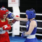 19.04.2021 Kielce. Młodzieżowe Mistrzostwa Świata Kobiet i Mężczyzn w Boksie. Walka: Dominika Karolina Ampulska ( Polska, niebieski strój) - Aishagul Yeleubayeva ( Kazachstan ) / Jarosław Kubalski / Radio Kielce