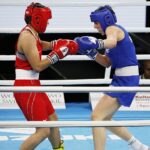 20.04.2021 Kielce. Młodzieżowe Mistrzostwa Świata Kobiet i Mężczyzn w Boksie. Walka: Barbara Marcinkowska ( Polska, strój niebieski ) - Zhasmin Kiztatova ( Kazachstan) / Jarosław Kubalski / Radio Kielce