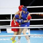 20.04.2021 Kielce. Młodzieżowe Mistrzostwa Świata Kobiet i Mężczyzn w Boksie. Walka: Barbara Marcinkowska ( Polska, strój niebieski ) - Zhasmin Kiztatova ( Kazachstan) / Jarosław Kubalski / Radio Kielce