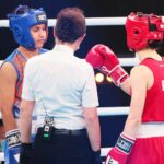 22.04.2021. Kielce. Młodzieżowe Mistrzostwa Świata Kobiet i Mężczyzn w Boksie. Finał wagi muszej (48 kg): Natalia Kuczewska (Polska, czerwony strój) vs. Gitika (Indie, niebieski strój) / Wiktor Taszlow / Radio Kielce