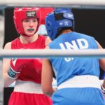 22.04.2021. Kielce. Młodzieżowe Mistrzostwa Świata Kobiet i Mężczyzn w Boksie. Finał wagi muszej (48 kg): Natalia Kuczewska (Polska, czerwony strój) vs. Gitika (Indie, niebieski strój) / Wiktor Taszlow / Radio Kielce