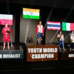 22.04.2021. Kielce. Młodzieżowe Mistrzostwa Świata Kobiet i Mężczyzn w Boksie. Dekoracja zawodniczek w wadze muszej (48 kg) / Wiktor Taszłow / Radio Kielce