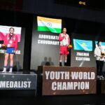 22.04.2021. Kielce. Młodzieżowe Mistrzostwa Świata Kobiet i Mężczyzn w Boksie. Dekoracja zawodniczek w kategorii półśredniej (69 kg). Na zdjęciu (z lewej): Barbara Marcinkowska / Wiktor Taszłow / Radio Kielce