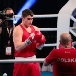 23.04.2021. Kielce. Finał kategorii ciężkiej Młodzieżowych Mistrzostw Świata Kobiet i Mężczyzn w Boksie. Na zdjęciu: Jakub Straszewski / Wiktor Taszłow / Radio Kielce