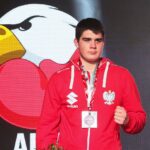 23.04.2021. Kielce. Finał kategorii ciężkiej Młodzieżowych Mistrzostw Świata Kobiet i Mężczyzn w Boksie. Na zdjęciu: Jakub Straszewski / Wiktor Taszłow / Radio Kielce