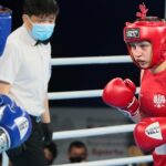 14.04.2021. Kielce. Młodzieżowe Mistrzostwa Świata Kobiet i Mężczyzn w Boksie. Na zdjęciu: Julia Szeremeta (Polska; czerwony strój) vs. Bojana Gojkovic (Czarnogóra; niebieski strój) / Wiktor Taszłow / Radio Kielce