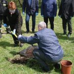 06.05.2021. Bukowie, gm. Kunów. Sadzenie buków. Buka wkopuje radna Renata Ćwiklińska, na zdjęciu z prawej Stanisław Dziułka - sołtys Bukowia / Emilia Sitarska / Radio Kielce