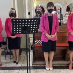 16.05.2021. Dwikozy. 80 lat parafii pw. św. Andrzeja Boboli. Msza pod przewodnictwem biskupa diecezji sandomierskiej Krzysztofa Nitkiewicza. Na zdjęciu (od lewej): Schola Cantate Deo - Iwona Sowa, Marta Ćmielewska, Kamila Peryga, Ilona Krzemińska / Grażyna Szlęzak-Wójcik / Radio Kielce