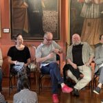 26.06.2021. Sandomierz. Festiwal Filmów i Spotkań Niezwykłych. Na zdjęciu (od lewej): Andrzej Seweryn, Magdalena Różczka, Wawrzyniec Konarski, Jerzy Bralczyk, Michał Rusinek / Michał Kita / Radio Kielce