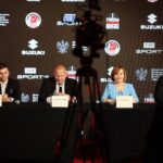 10.06.2021 Kielce. Konferencja dotycząca boksu. Na zdjęciu (od lewej): Marek Szkolnikowski -  dyrektor TVP Sport, Grzegorz Nowaczek - prezes Polskiego Związku Bokserskiego, Anna Krupka - wiceminister kultury, dziedzictwa narodowego i sportu, Piotr Dulnik - prezes Suzuki Motor Poland / Wiktor Taszłow / Radio Kielce