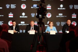 10.06.2021 Kielce. Konferencja dotycząca boksu. Na zdjęciu (od lewej): Marek Szkolnikowski - dyrektor TVP Sport, Grzegorz Nowaczek - prezes Polskiego Związku Bokserskiego, Anna Krupka - wiceminister kultury, dziedzictwa narodowego i sportu, Piotr Dulnik - prezes Suzuki Motor Poland / Wiktor Taszłow / Radio Kielce