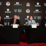 10.06.2021 Kielce. Konferencja dotycząca boksu. Na zdjęciu (od lewej): Marek Szkolnikowski -  dyrektor TVP Sport, Grzegorz Nowaczek - prezes Polskiego Związku Bokserskiego, Anna Krupka - wiceminister kultury, dziedzictwa narodowego i sportu, Piotr Dulnik - prezes Suzuki Motor Poland / Wiktor Taszłow / Radio Kielce