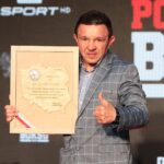 10.06.2021 Kielce. Gala podsumowująca I Forum Polskiego Boksu w Kielcach. Na zdjęciu (od lewej): Krzysztof Głowacki, Grzegorz Nowaczek - prezes Polskiego Związku Bokserskiego / Wiktor Taszłow / Radio Kielce