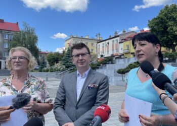 11.06.2021. Ostrowiec Św. Konferencja o badaniach Fundacji Ronalda McDonalda. Na zdjęciu (od lewej): Irena Renduda-Dudek - przewodnicząca rady miasta, Jarosław Górczyński - prezydent Ostrowca Św., Joanna Pikus - wiceprzewodnicząca rady miasta / Emilia Sitarska / Radio Kielce