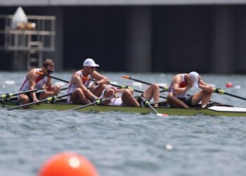 28.07.2021. Tokio. Finał wioślarskich czwórek podwójnych. Na zdjęciu (od lewej): Dominik Czaja, Wiktor Chabel, Szymon Pośnik i Fabian Barański / PAP/Leszek Szymański