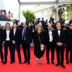 Cannes. 74. Międzynarodowy Festiwal Filmowy. Na zdjęciu (od lewej): Justine Triet, Olivier Marguerit, Tom Harari, Arthur Harari, Nicolas Anthome, Vincent Poymiro, Yu Shibuya, Ryu Morioka i Andrea Poggio przybyli na seans 'Tout s'est bien passe' (Everything Went Fine) / CAROLINE BLUMBERG / PAP/EPA