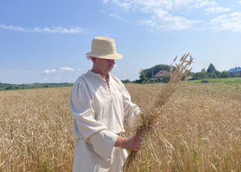 24.07.2021. Nadbrzezie. Staropolskie żniwa. Na zdjęciu: Wojciech Chmiel - Stowarzyszenie „Razem dla Nadbrzezia” / Grażyna Szlęzak-Wójcik / Radio Kielce