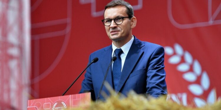 29.08.2021. Bobolice. Premier Mateusz Morawiecki uczestniczy w IV Ogólnopolskim Święcie Wdzięczni Polskiej Wsi w Bobolicach / PAP/Marcin Bielecki