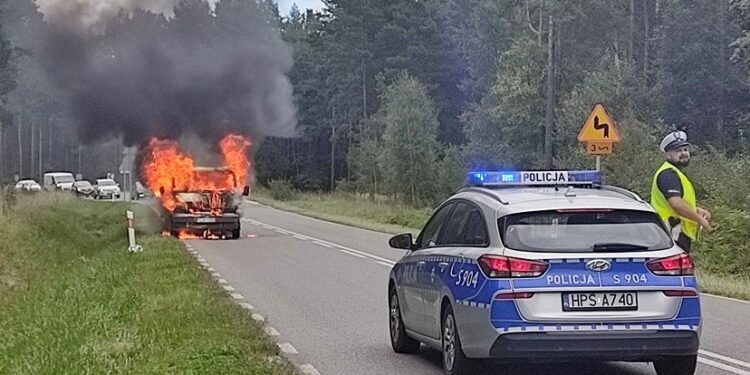 28.08.2021. Pożar samochodu na drodze wojewódzkiej nr 786 między Włoszczową a miejscowością Sułków / Włoszczowa Online / Facebook