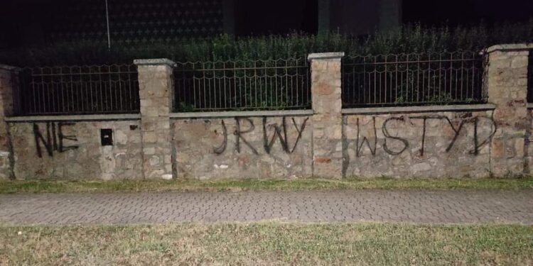 02.07.2021. Kielce. Wulgarny napis na murze parafii pod wezwaniem Chrystusa Króla / Parafia pw. Chrystusa Króla w Kielcach