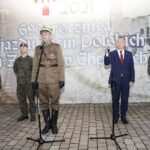 11.08.2021 Chęciny.  56. Marsz Szlakiem I Kompanii Kadrowej> na zdjęciu od lewej: kapitan związku strzeleckiego „Strzelec” Anna Urszula Wożniak, dowódca 10. Świętokrzyskiej Brygady Obrony Terytorialnej pułkownik Piotr Hałys, komendant marszu Dionizy Krawczyński, burmistrz Chęcin Robert Jaworski i rzecznik 10. ŚBOT Daniel WOś / Jarosław Kubalski / Radio Kielce