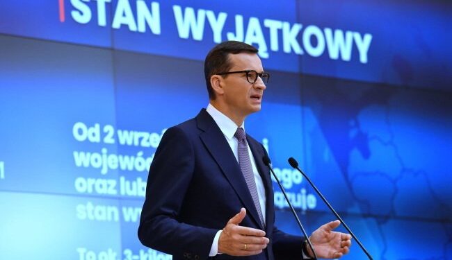 06.09.2021. Warszawa. Konferencja prasowa dotycząca stanu wyjątkowego na terenach graniczących z Białorusią. Na zdjęciu: Premier Mateusz Morawiecki / PAP