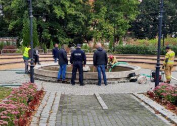 Działania policji przy fontannie w Miastku / Radio Koszalin