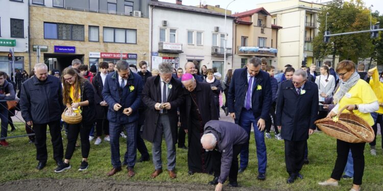 01.09.2021. Kielce. Kampania „Pola Nadziei”. Sadzenie cebulek żonkili na rabacie przy ulicy Warszawskiej w Kielcach / Sebastian Kalwat / Radio Kielce