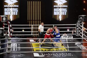 15.10.2021. Kielce. Suzuki Boxing Night 8. Walka: Karol Pawlina (Polska) – Daniel Adamiec (Polska) / Wiktor Taszłow / Radio Kielce