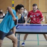 02.12.2021. Kielce. Pokazowa lekcja tenisa stołowego. Na zdjęciu: Giorgos Konstantinopoulos / Wiktor Taszłow / Radio Kielce