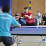 02.12.2021. Kielce. Pokazowa lekcja tenisa stołowego. Na zdjęciu: Giorgos Konstantinopoulos / Wiktor Taszłow / Radio Kielce