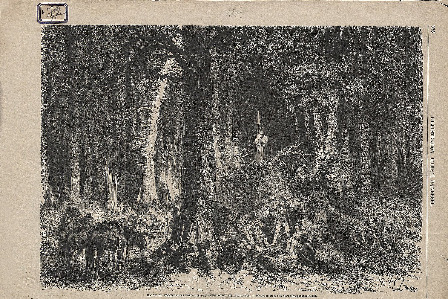 Postój polskich ochotników w lasach Litwy – grafika z francuskiego pisma L’Illustration Journal Universel 1863 / źródło: pl.wikipedia.org