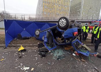 31.01.2022 Droga S86. Dachowanie pojazdu osobowego / Policja Śląska