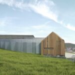 05.01.2022. Huta Szklana. Wizualizacja Świętokrzyskiej Zagrody Kultury „Harmonia”. Widok tyłu budynku / Urząd Gminy Bieliny