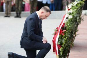 12.07.2021. Michniów. Obchody Dnia Walki i Męczeństwa Wsi Polskiej w 78. rocznicę pacyfikacji wsi Michniów. Na zdjęciu: Andrzej Duda - prezydent RP / Wiktor Taszłow / Radio Kielce